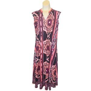 M Reborn Sleeveless Long Dress Pleated Coral Pink Black Geometric V-neck GUC